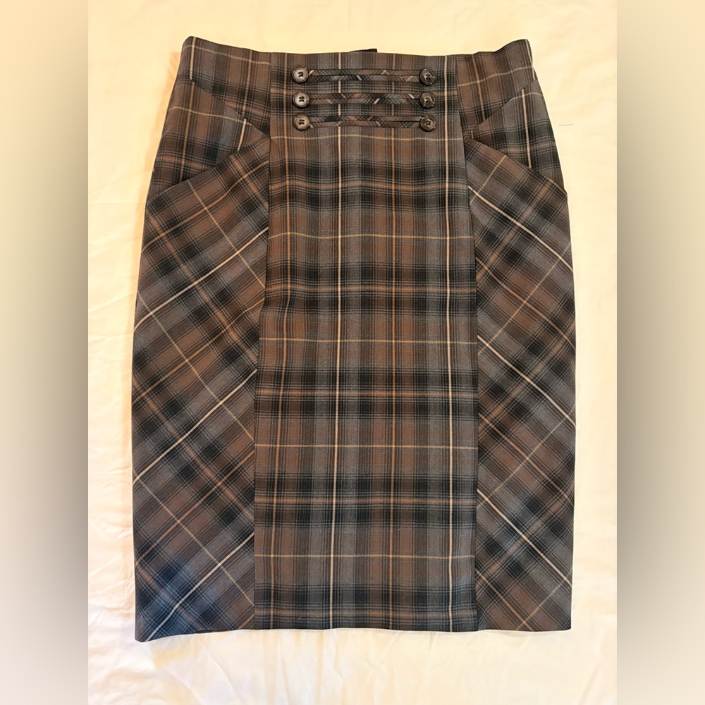 Katherine Barclay Plaid Pencil Skirt in Brown and Gray